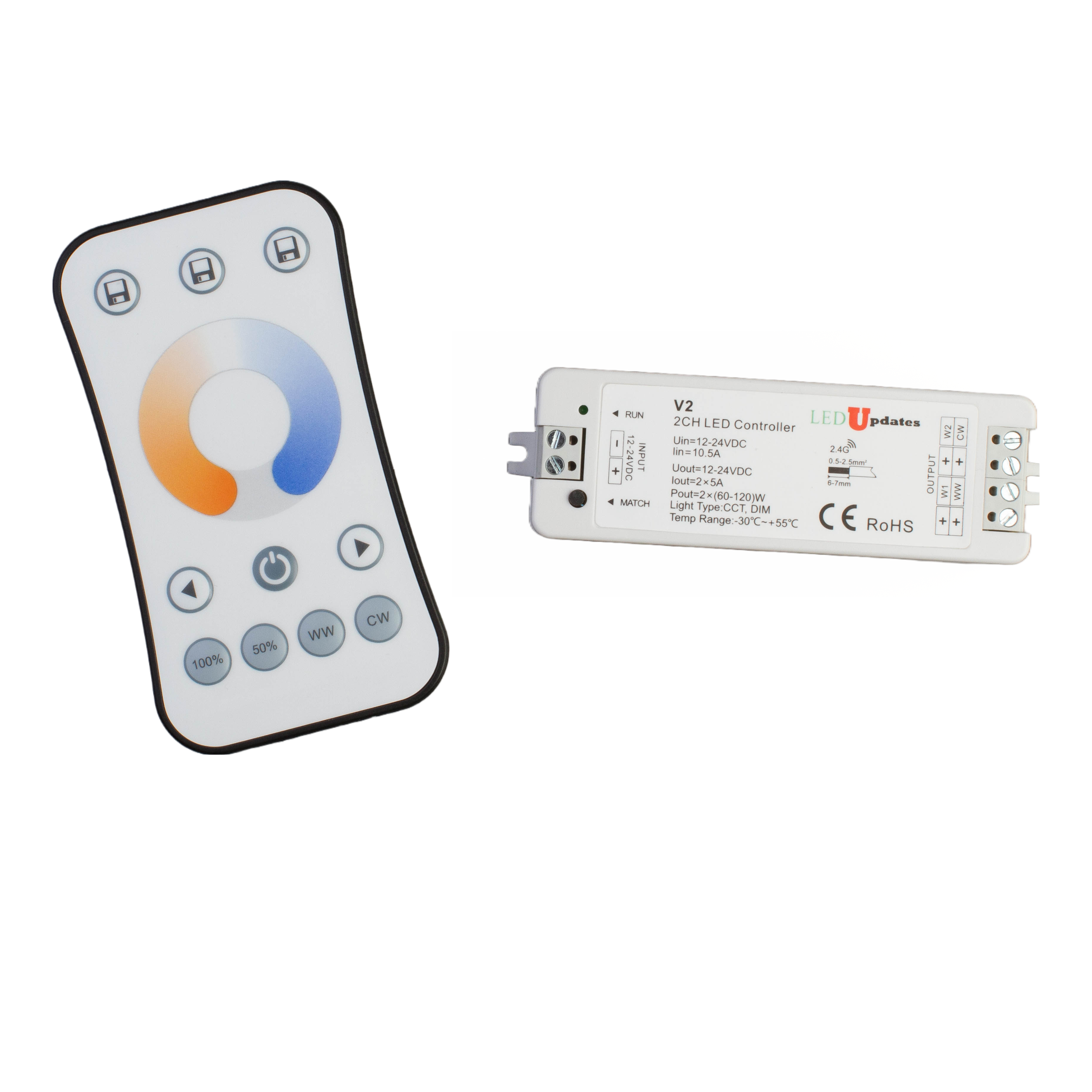 CCT LED Strip Controller with Wireless Remote for Warm White (2700K) to Cool White (6500K) 2 in 1 Dual Color LED Strip Light